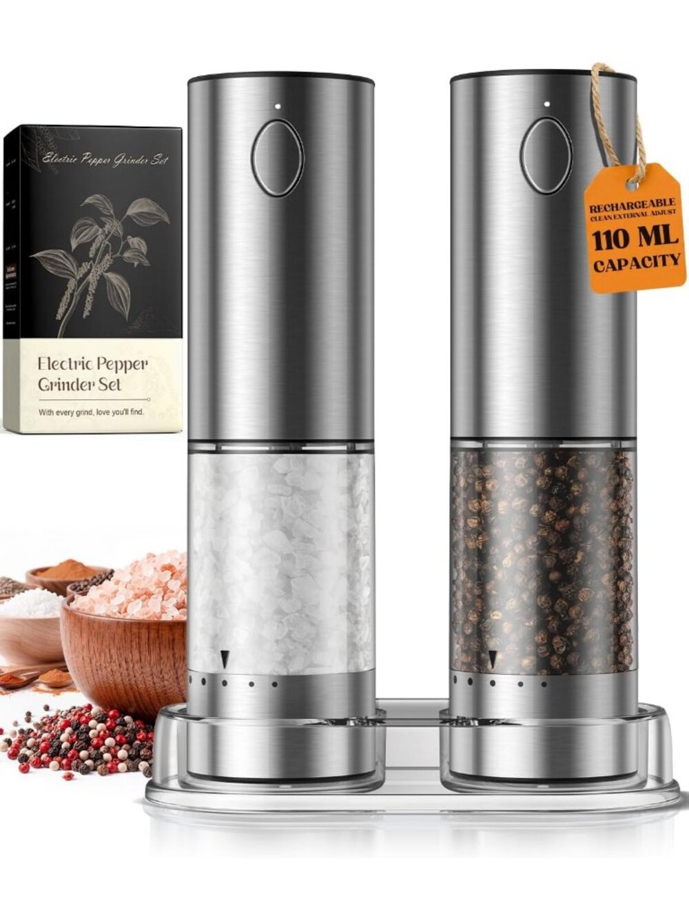 Rechargeable Electric Salt & Pepper Grinder Set - Adjustable Coarseness, Large
